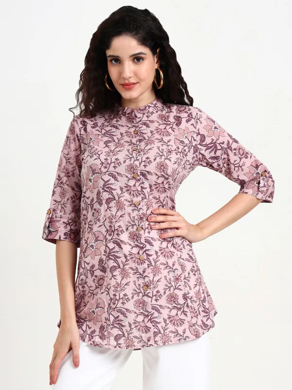 Light_Purple_Floral_Print_Cotton_Top_For_Women