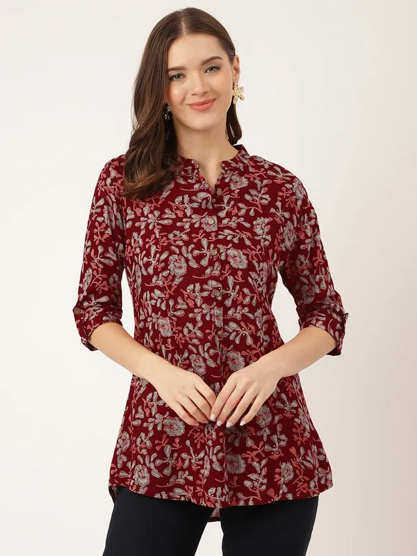 Maroon_Floral_Print_Rayon_Regular_Top_For_Women