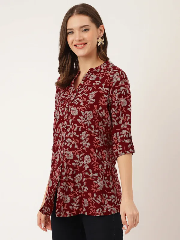 Maroon_Floral_Print_Rayon_Regular_Top_For_Women