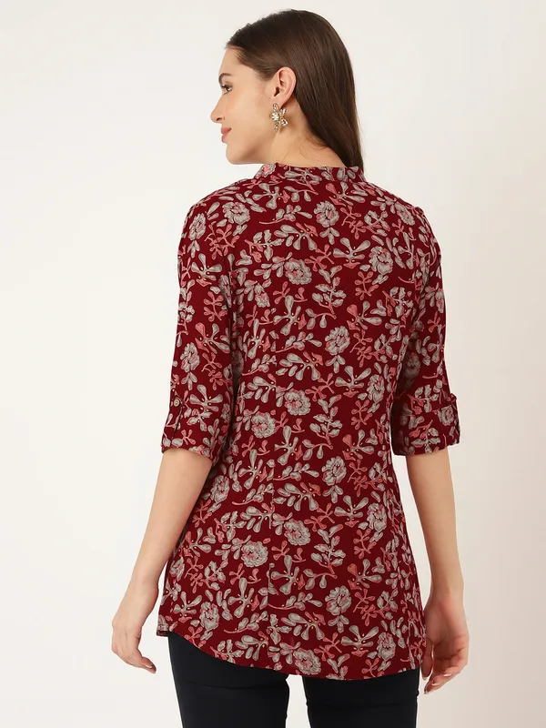 Maroon_Floral_Print_Rayon_Regular_Top_For_Women