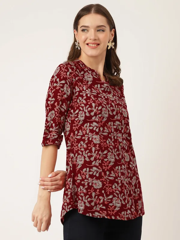 Maroon_Floral_Print_Rayon_Regular_Top_For_Women