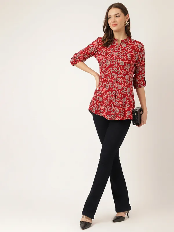 Maroon_Floral_Print_Rayon_Regular_Top_For_Women