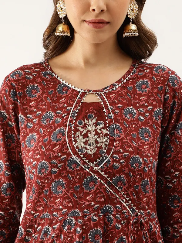 Maroon_Floral_Printed_Cotton_Anarkali_Kurta_Set_With_Dupatta_For_Women