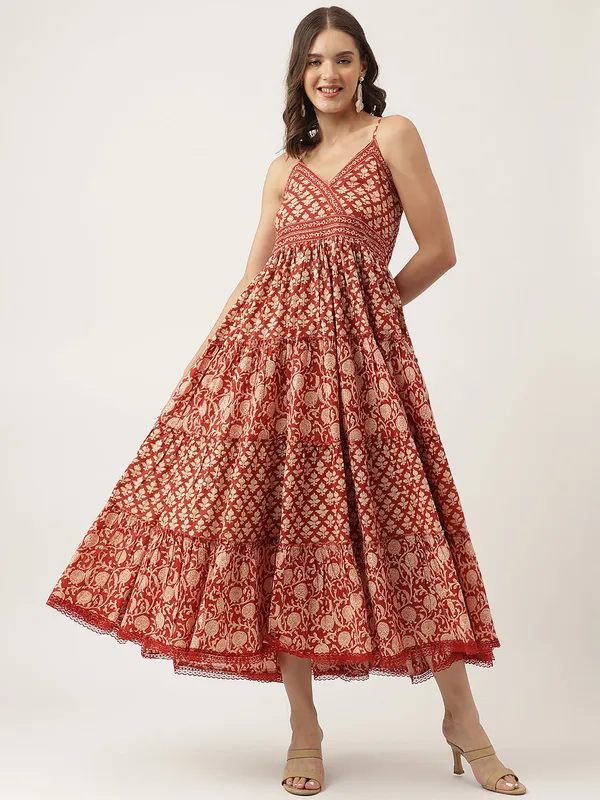 Maroon_Floral_Printed_Cotton_Tiered_Dress_With_Smoking_Back_For_Women