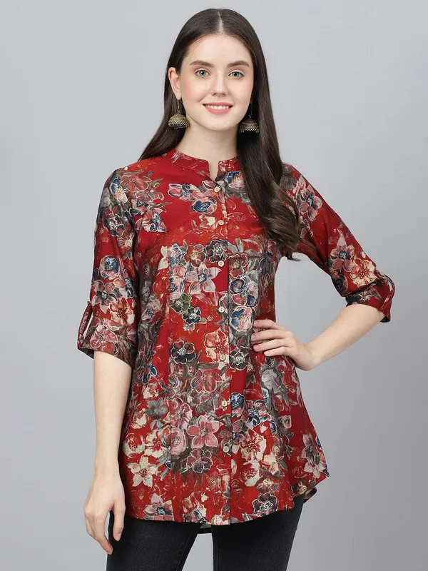 Maroon_Floral_Printed_Modal_A-Line_Shirt_Style_Top_For_Women
