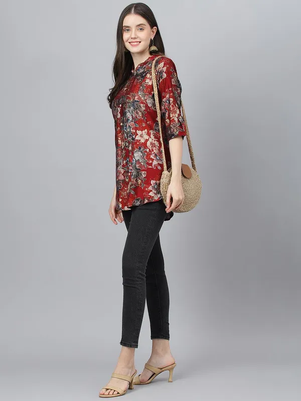 Maroon_Floral_Printed_Modal_A-Line_Shirt_Style_Top_For_Women