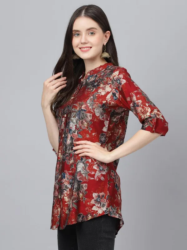 Maroon_Floral_Printed_Modal_A-Line_Shirt_Style_Top_For_Women