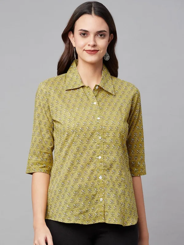Mehndi_Green_Block_Printed_Casual_Shirt_For_Women