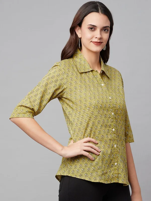 Mehndi_Green_Block_Printed_Casual_Shirt_For_Women