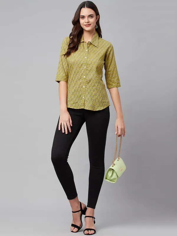 Mehndi_Green_Block_Printed_Casual_Shirt_For_Women