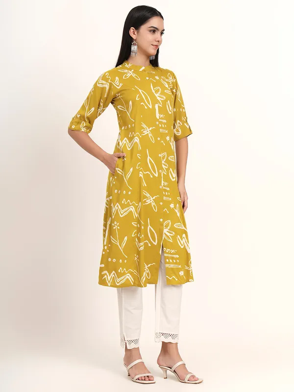 Mustard_Abstract_Rayon_A-Line_Kurta_For_Women