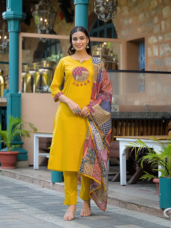 Mustard_Embroidered_Cotton_Kurta_Set_With_Dupatta_For_Women