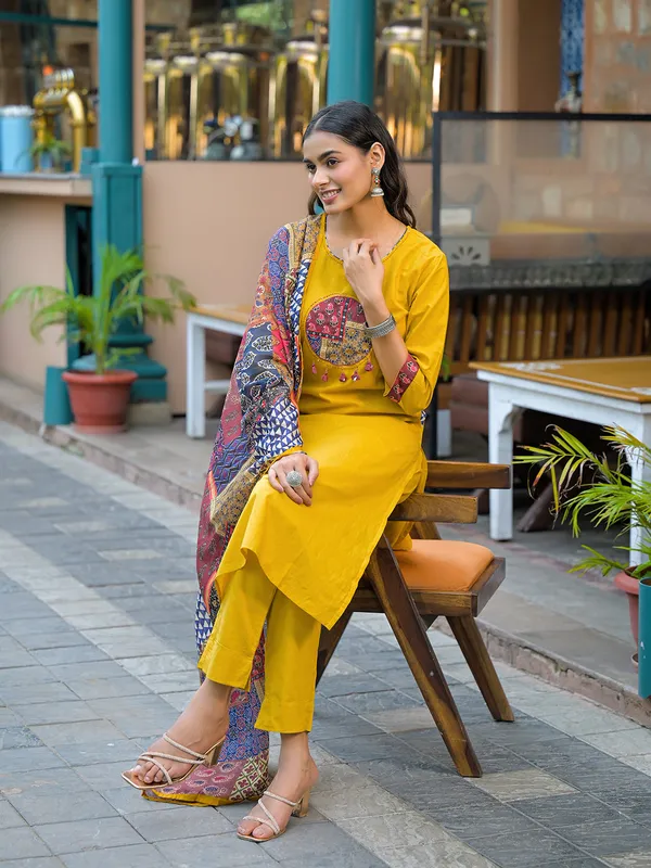 Mustard_Embroidered_Cotton_Kurta_Set_With_Dupatta_For_Women