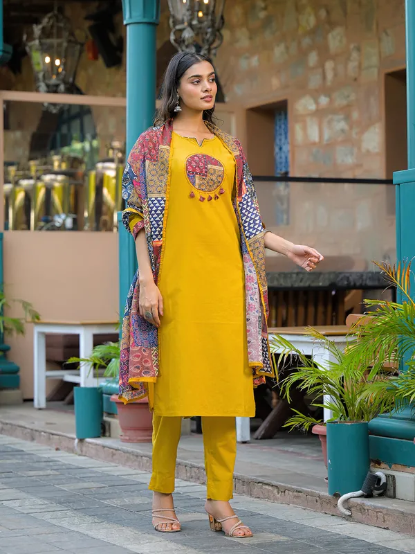 Mustard_Embroidered_Cotton_Kurta_Set_With_Dupatta_For_Women