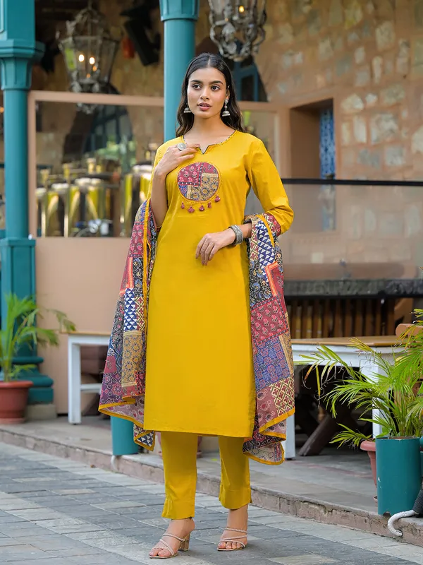 Mustard_Embroidered_Cotton_Kurta_Set_With_Dupatta_For_Women