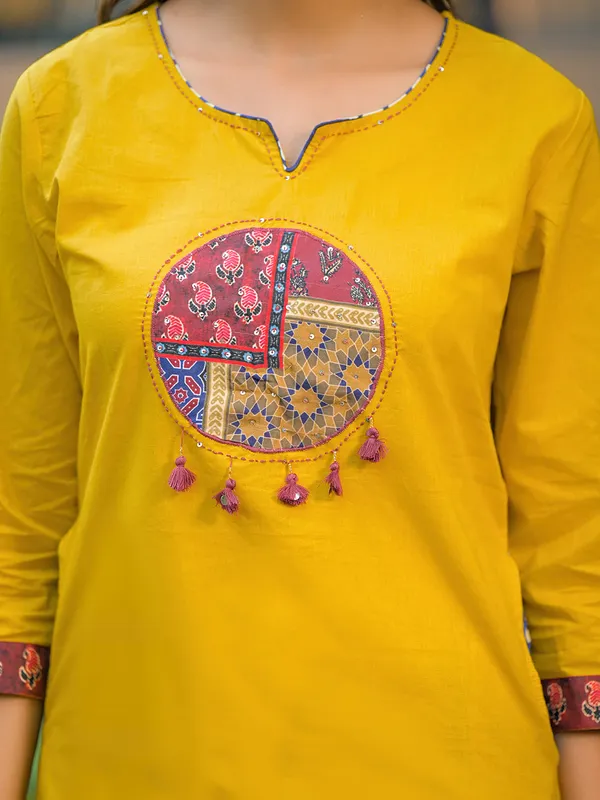 Mustard_Embroidered_Cotton_Kurta_Set_With_Dupatta_For_Women
