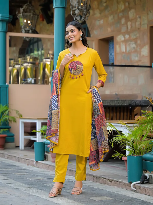 Mustard_Embroidered_Cotton_Kurta_Set_With_Dupatta_For_Women