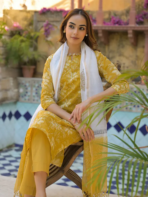 Mustard_Floral_Print_Cotton_Straight_Fit_Kurta_Pant_With_Dupatta_For_Women