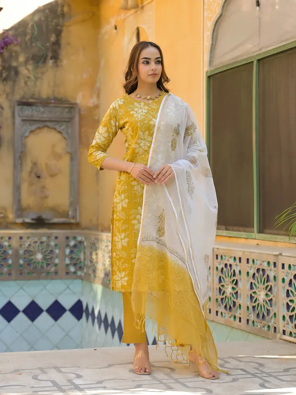 Mustard_Floral_Print_Cotton_Straight_Fit_Kurta_Pant_With_Dupatta_For_Women