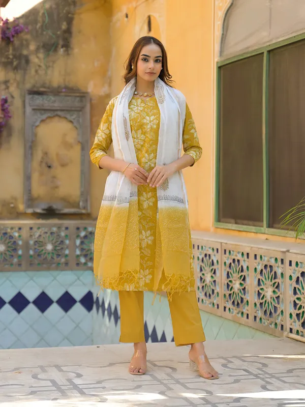 Mustard_Floral_Print_Cotton_Straight_Fit_Kurta_Pant_With_Dupatta_For_Women