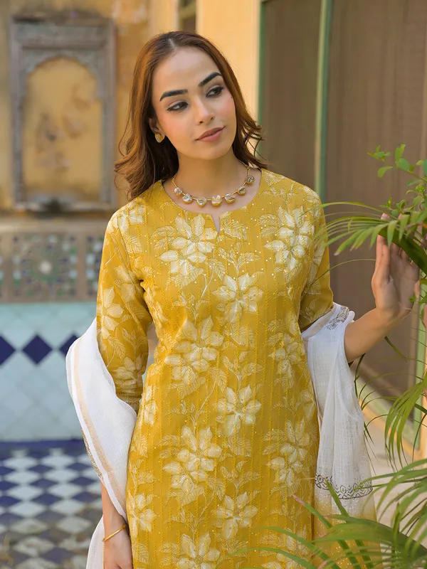 Mustard_Floral_Print_Cotton_Straight_Fit_Kurta_Pant_With_Dupatta_For_Women
