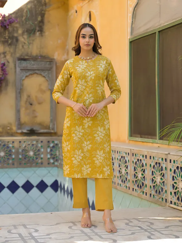 Mustard_Floral_Print_Cotton_Straight_Fit_Kurta_Pant_With_Dupatta_For_Women