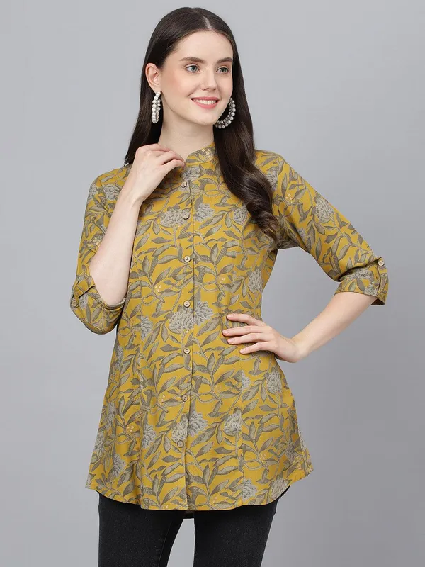 Mustard_Floral_Printed_Rayon_A-Line_Shirt_Style_Top_For_Women