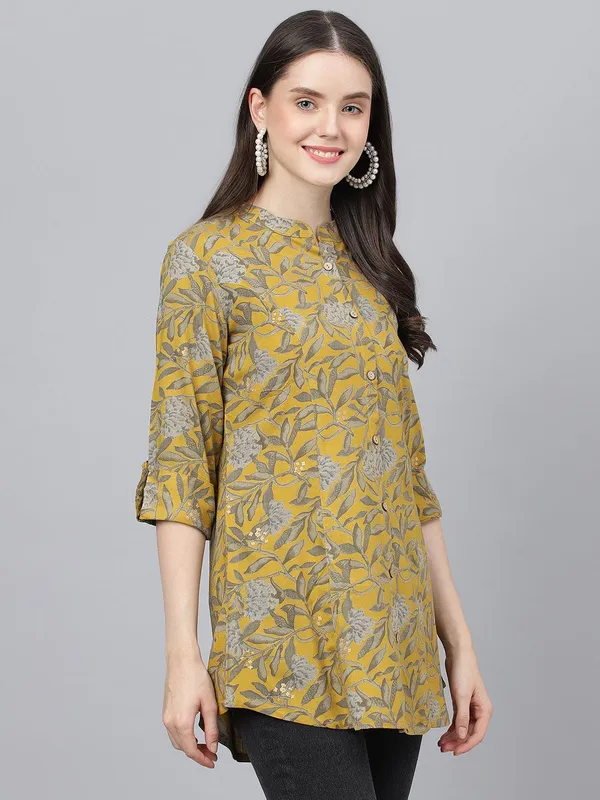 Mustard_Floral_Printed_Rayon_A-Line_Shirt_Style_Top_For_Women