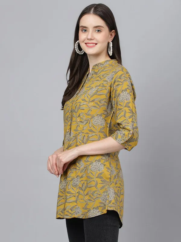 Mustard_Floral_Printed_Rayon_A-Line_Shirt_Style_Top_For_Women