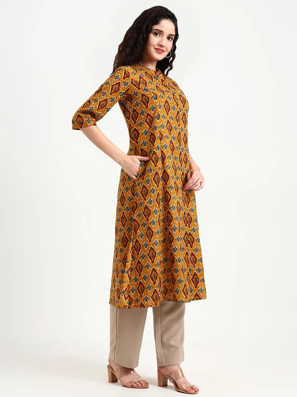 Mustard_Ikat_Print_Cotton_Kurta_For_Women