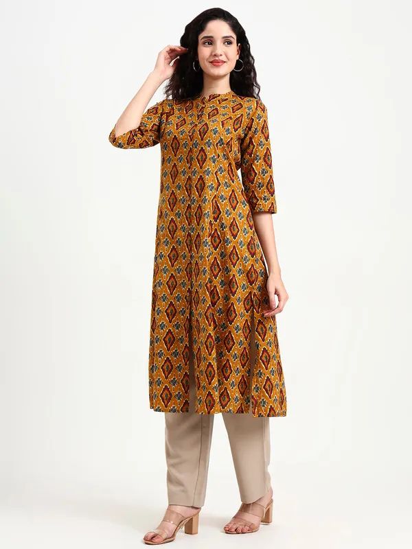 Mustard_Ikat_Print_Cotton_Kurta_For_Women