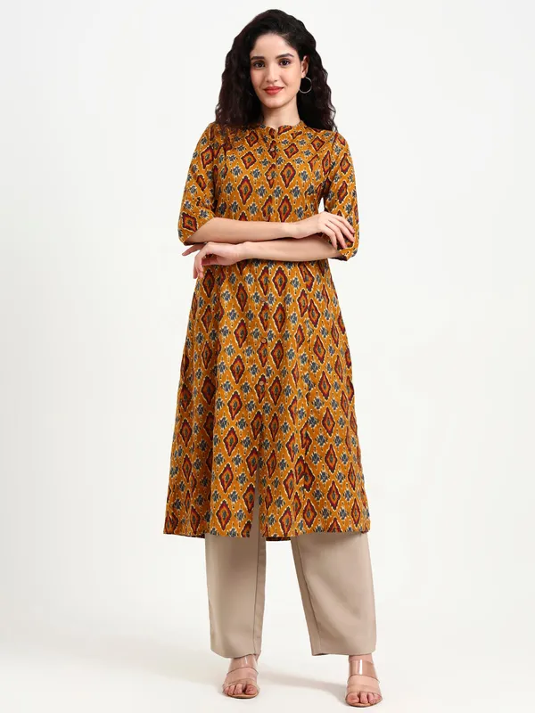 Mustard_Ikat_Print_Cotton_Kurta_For_Women