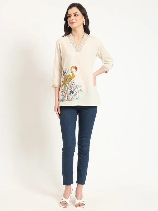 Off_White_Cotton_V-Neck_Embroidery_Top_For_Women