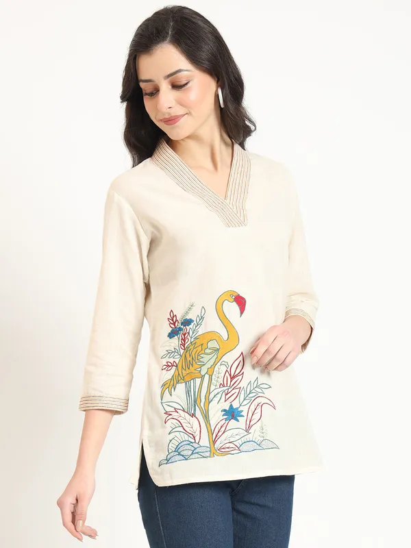 Off_White_Cotton_V-Neck_Embroidery_Top_For_Women