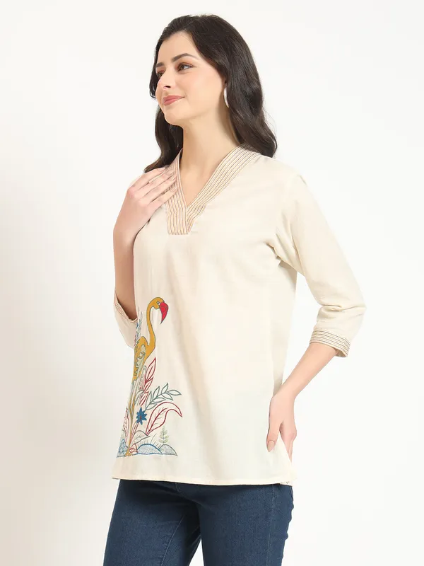 Off_White_Cotton_V-Neck_Embroidery_Top_For_Women