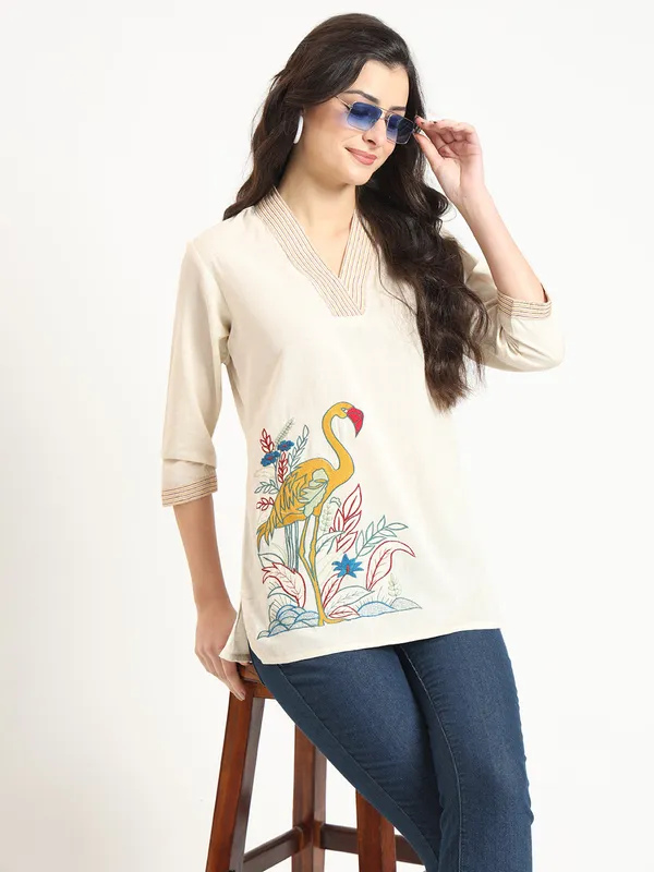Off_White_Cotton_V-Neck_Embroidery_Top_For_Women