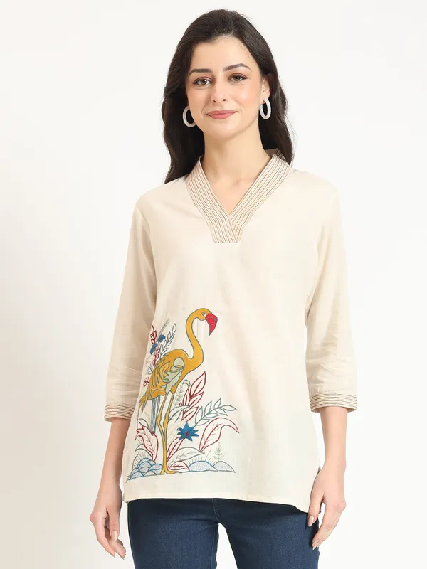 Off_White_Cotton_V-Neck_Embroidery_Top_For_Women