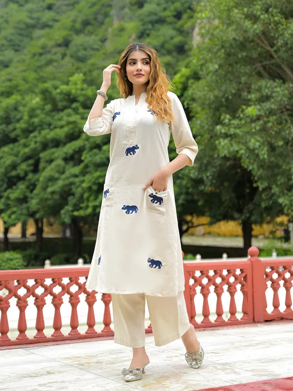 Off_White_Embroidered_Cotton_A-Line_Kurta_Pant_Set_For_Women