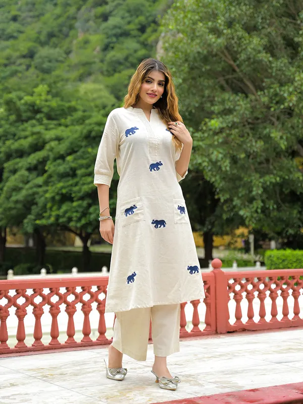 Off_White_Embroidered_Cotton_A-Line_Kurta_Pant_Set_For_Women