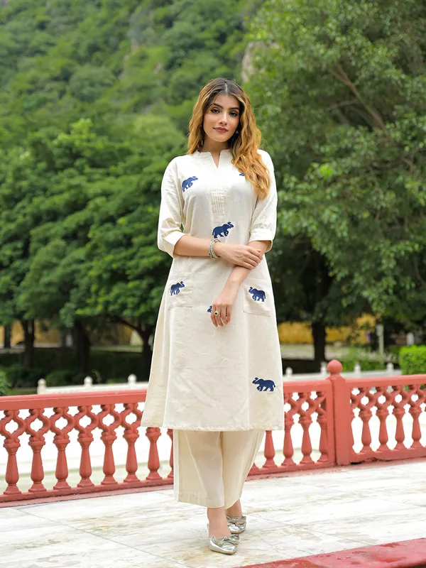 Off_White_Embroidered_Cotton_A-Line_Kurta_Pant_Set_For_Women