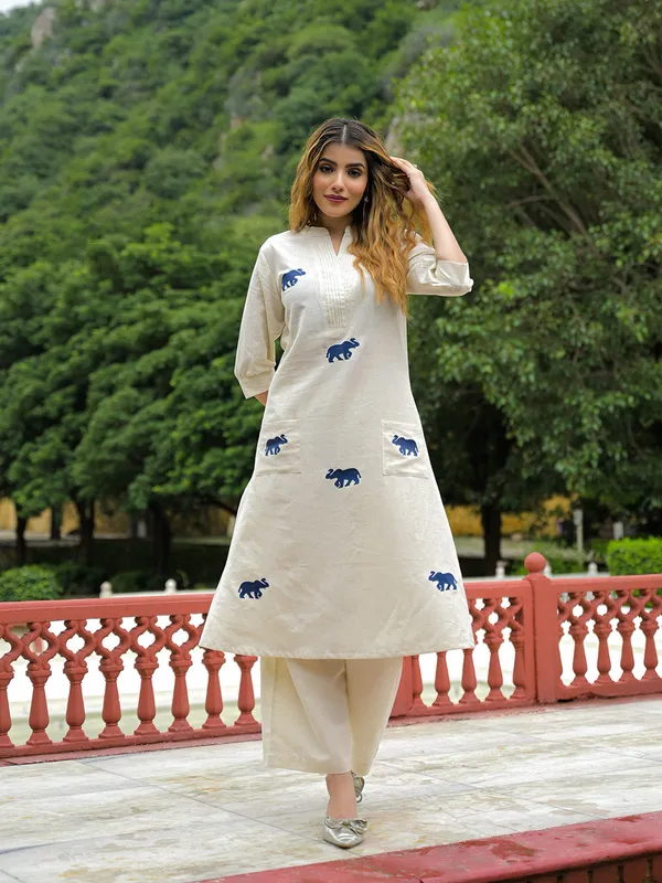 Off_White_Embroidered_Cotton_A-Line_Kurta_Pant_Set_For_Women