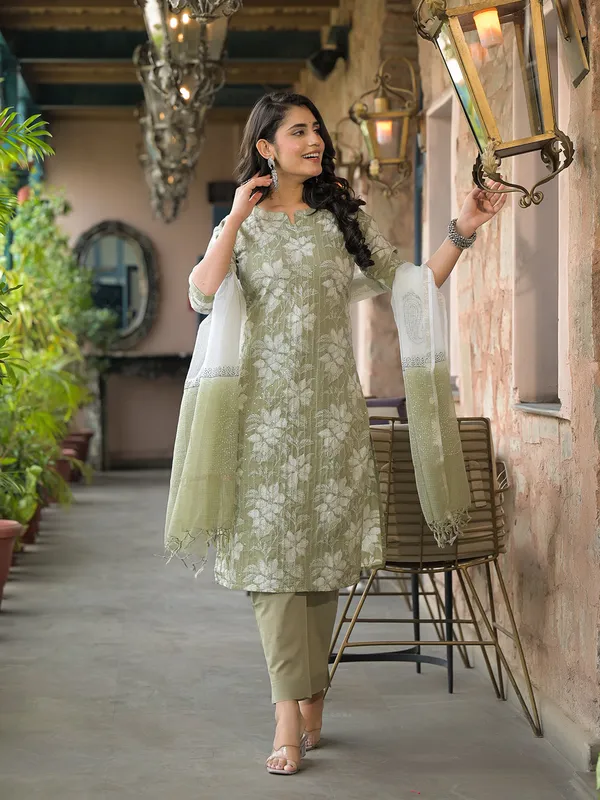 Olive_Green_Cotton_Kurta_Pant_With_Dupatta_For_Women
