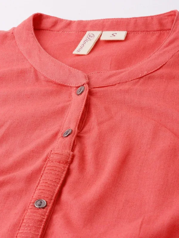 Peach_Solid_Straight_Roll_Up_Sleeve_Kurti_For_Women