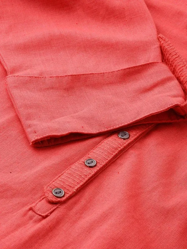 Peach_Solid_Straight_Roll_Up_Sleeve_Kurti_For_Women