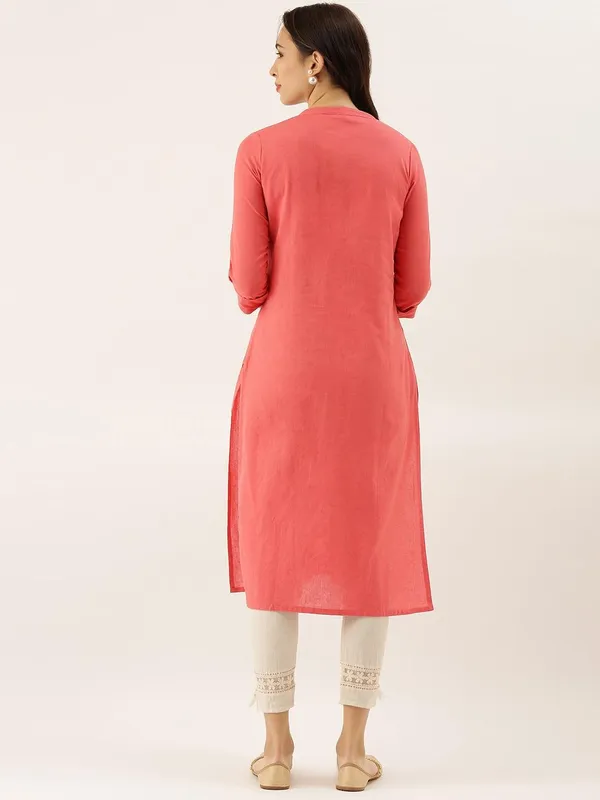 Peach_Solid_Straight_Roll_Up_Sleeve_Kurti_For_Women