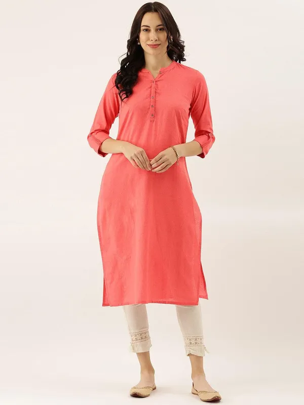 Peach_Solid_Straight_Roll_Up_Sleeve_Kurti_For_Women