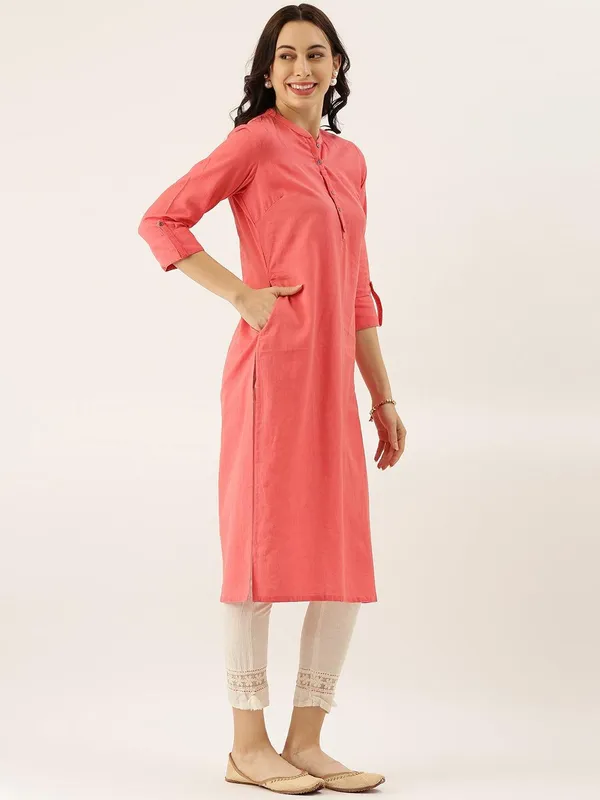 Peach_Solid_Straight_Roll_Up_Sleeve_Kurti_For_Women