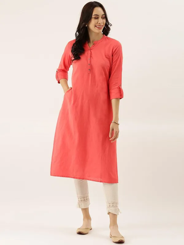 Peach_Solid_Straight_Roll_Up_Sleeve_Kurti_For_Women
