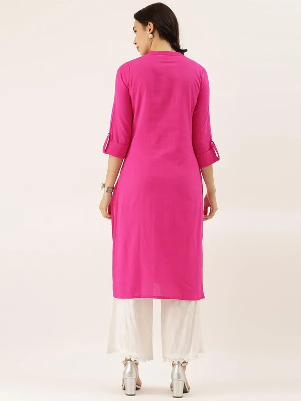 Pink_Solid_Straight_Roll_Up_Sleeve_Kurti_For_Women