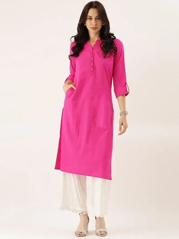 Pink_Solid_Straight_Roll_Up_Sleeve_Kurti_For_Women